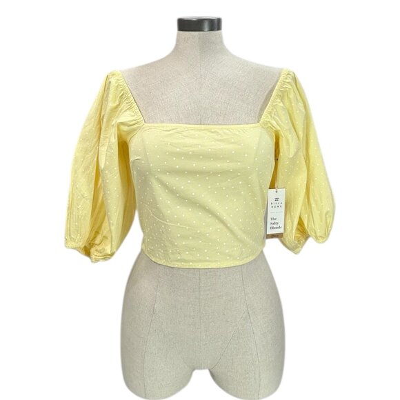 BILLABONG THE SALTY BLONDE Sun Glow Crop Top Sz M Yellow Polka Dot Puff Sleeve - Picture 1 of 14